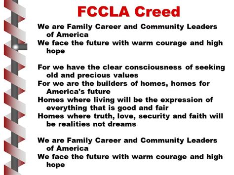 Fccla creed. Skills, Pastry Arts Technical Decorating Skills, Speak out for FCCLA, #TeachFCS, Technology in Teaching, Toys that Teach If you are registered to compete in one of the virtual (video) events listed above, your videos will be evaluated October 11-17, 2021 by volunteer evaluation teams. FCCLA staff is not reviewing the accessibility of the URL. 
