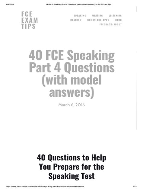 Fce speaking part 4 questions.  The document provides 40 sample questions that could be asked i...