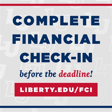 Fci deadline liberty university. Liberty University things to do and Liberty University events. The Financial Check-In (FCI) deadline for Fall 2017 is near! Complete FCI now and be eligible to win prizes! Complete Financial Check-In (FCI) early to secure your preferred courses, residence hall selection, dining plan, and financial arrangements. Also avoid a $125 late fee when ... 