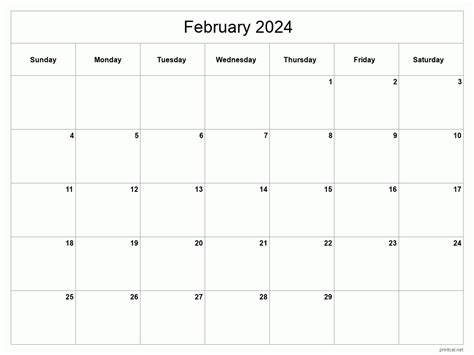  Calendar for February 2024 (United States) Printing 