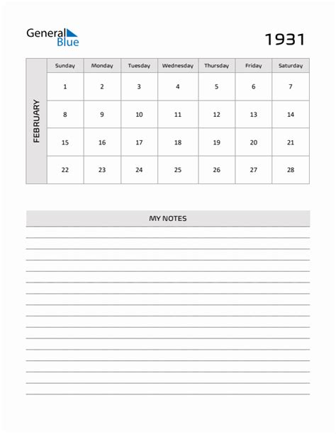 February 1931 Calendar PDF Word Excel