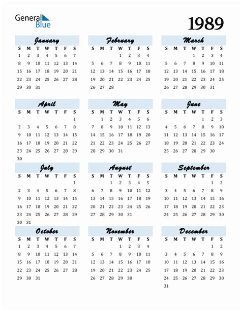 February 1989 Calendars (PDF Word Excel)
