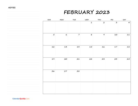 February Blank Calendar 2023 with Notes Calendar Quickly