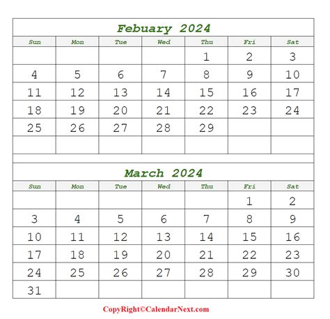 February March 2024 Calendar Printable