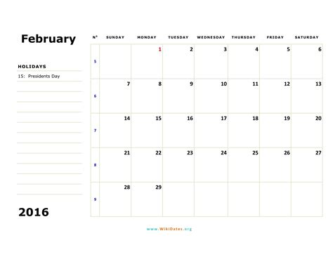 February Month Calendar 2016