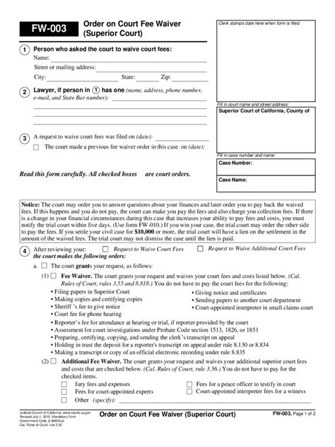 Fee Waiver Court Form