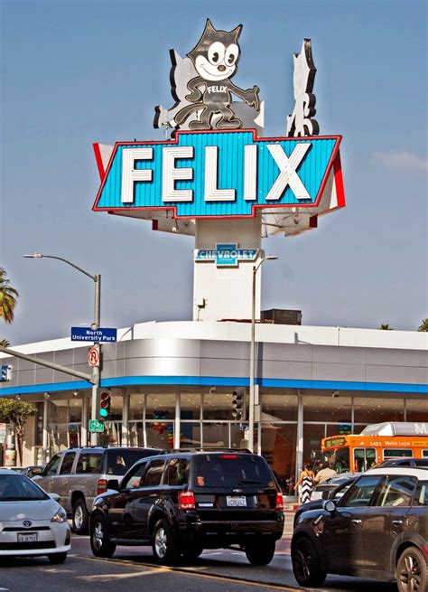 Felix chevrolet on figueroa. Felix the Cat has been a cartoon character for over 100 years. Address: 3330 S. Figueroa St., Los Angeles, CA. Directions: On the roof of Felix Chevrolet, on the northeast corner of S. Figueroa St. and W. Jefferson Blvd (W. 33rd St.). Hours: Lit at night. Local health policies may affect hours and access. Save to My Sights. 