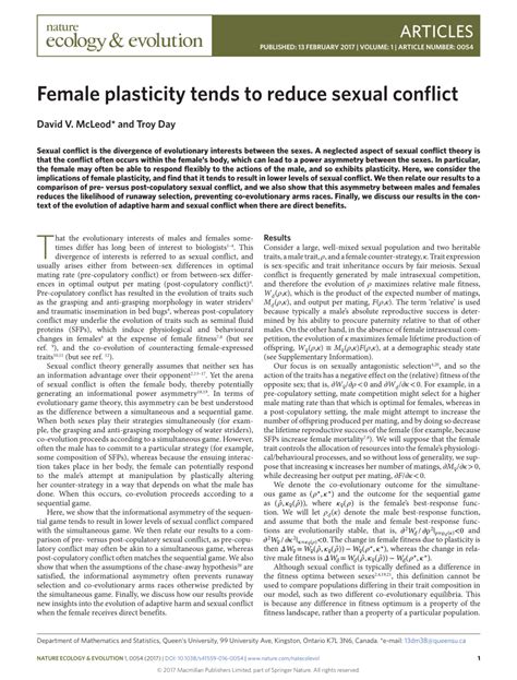 Female plasticity tends to reduce sexual conflict - Nature