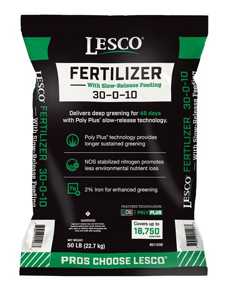 Lesco. General Fertilizer 50-lb 18750-sq ft 30-0-10 All-purpose Fertilizer. Model # 2759162. Find My Store. for pricing and availability. 107. Lesco. Starter Fertilizer 50-lb 15000-sq ft 18-24-12 Lawn Starter Fertilizer. Model # 2759159.. 