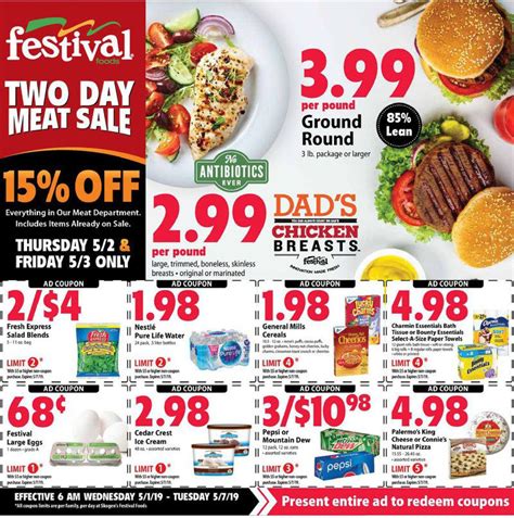 Festival foods marshfield weekly ad. Current Festival Foods weekly ad circular and flyer sales. Discover the best Festival Foods ad specials, coupons and online deals. Here you will find the most current Festival Foods weekly ad featuring great prices on 80% Lean Ground Chuck; Boneless Skinless Chicken Breast; Festival Large Eggs; Cold Water Lobster Tails; Dole Classic Iceberg Salad; CenSea Tail-Off Uncooked Peeled & Deveined ... 