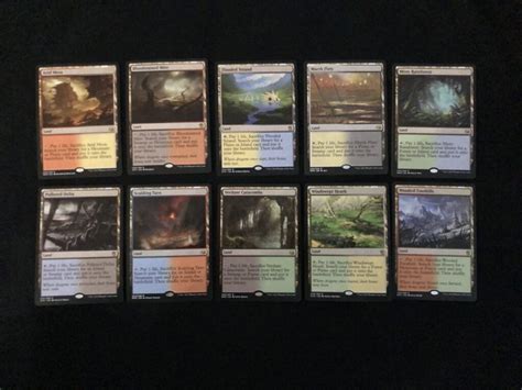 Fetch lands. Reveal lands are a cycle of allied color taplands introduced in Shadows over Innistrad and enemy color taplands added in Strixhaven: School of Mages. They enter play tapped unless you reveal a basic land type that could produce either color of mana that the reveal land could produce. Nicknames include: hand lands, show lands, flex lands, shadow lands, and snarl lands. Port Town (/) Choked ... 