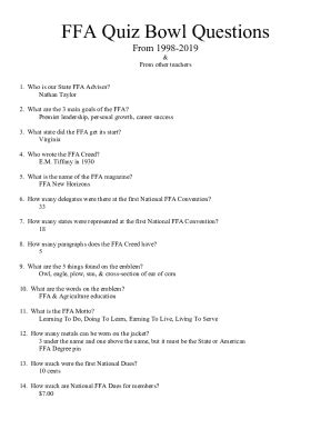 FFA Creed Questions. 40 terms. ECCDE Teacher. FFA Creed. 8 terms. ldujka Teacher. FFA Quiz Bowl. 186 terms. ralphj Teacher. FFA Quiz Bowl (2016) 100 terms. bmaples42 ... . 