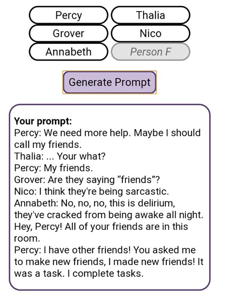 Fic prompt generator. Welcome to the fanfic maker. A prestigious site for pointless stories. Specify the details of your chosen fandom and move the sliders depending on what type of story you're looking for. The page will then generate a story based on your input. You can also share snippets of the generated story by highlighting it and choose "Share this quote". 