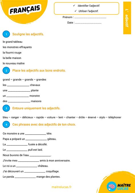 Fiches Exercices les adjectifs CE2 - Maître Lucas