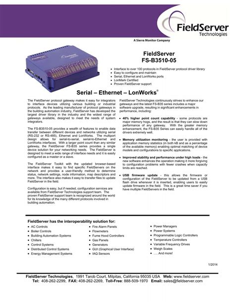 Fieldserver technologies.  Protocol Driver Sheet - SBT-FSI (Siemens Building Technolog...