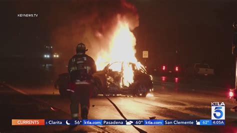 Fiery crash on 57 Freeway leaves 2 vehicles damaged in San Dimas