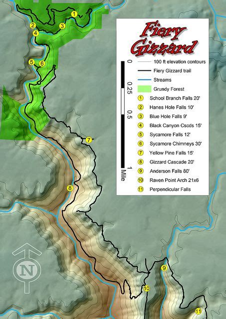 Fiery gizzard trail map. The trail departs the canyon rim at 2 miles, hiking through a young forest and climbing a gentle incline. Occasional views break through on the trail’s right side as the hike ascends. Several side trails depart to the left, leading to the park’s northern cabins. The hike reaches a side trail to the loop’s final overlook at 2.75 miles. 