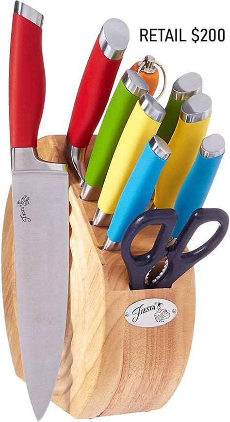 Fiestaware knife set. Complete your kitchen collection with the Fiestaware Fiesta Multi Piece Knife Set. This set includes 10 knives, kitchen shears, a sharpening tool and a wooden block for storage. The stainless steel blades are perfect for slicing and dicing a variety of foods. 