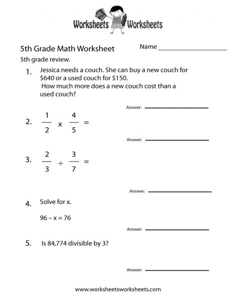Fifth Grade Math Practice Worksheet Free Printable Math Worksheets