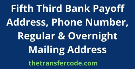 Loan Card - Overnight payment mailing address. Fifth One-third Bank. 5050 Kingsley Dr. PO Box 630789. MD: 1MOC1N. ... Security - Payment mailing address (except overnight payments) Fifth Third Bank. PO BOX 630412. CINCINNATI, OH 45263-0412. Mortgage - Staying payment mailing tackle. Fifth Third Deposit. 5001 Kingsley Drug.. 