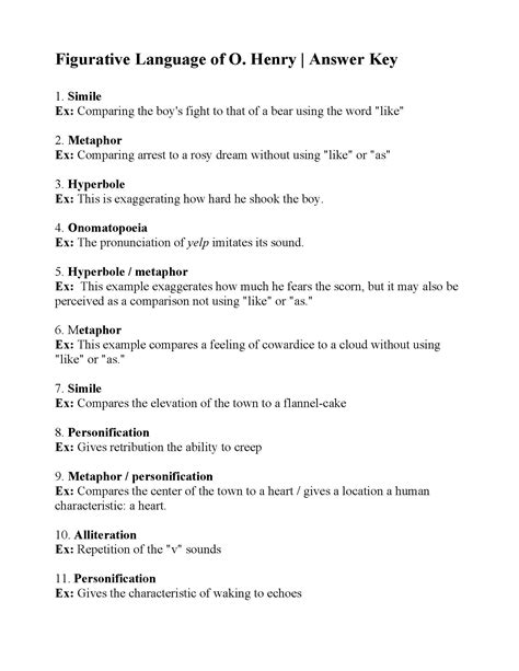 Figurative Language Of O Henry Worksheet Answers