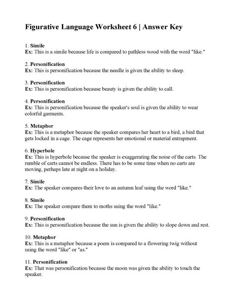 Figurative Language Worksheet 6 Answers