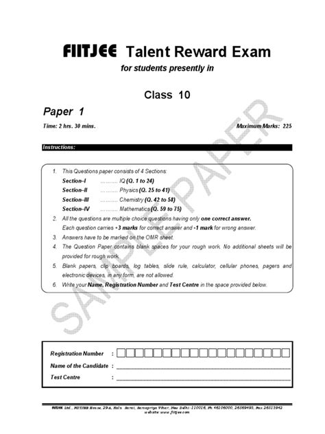 Fiitjee ftre sample papers for class 10 going to 11. - Mallory and the trouble w - 21.