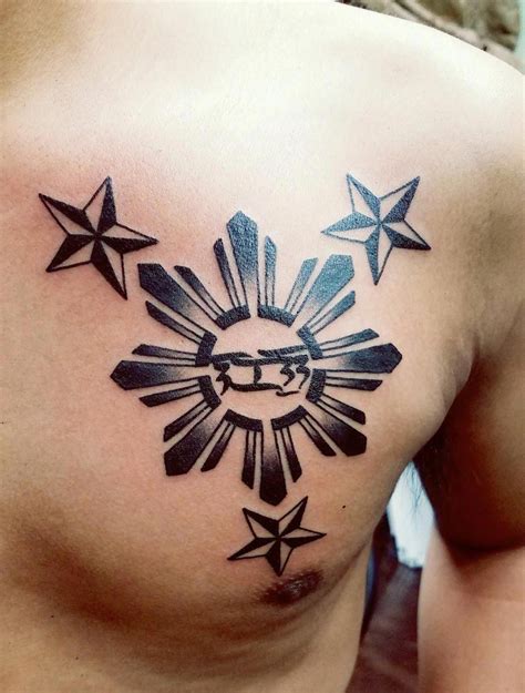Filipino stars and sun tattoo. Sep 20, 2015 - Filipino stars and sun on putter lower forearm left side. Pinterest. Today. Watch. Explore. When autocomplete results are available use up and down arrows to review and enter to select. Touch device users, explore by touch or with swipe gestures. Log in. Sign up. Explore. Art. Body Art. Tattoos ... 