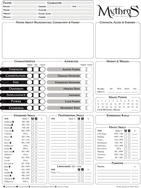 Fill Free fillable Mythras Character Sheet Form Fillable PDF form