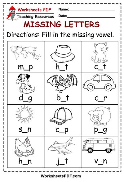 Fill in the missing vowel Missing Letters Worksheets PDF