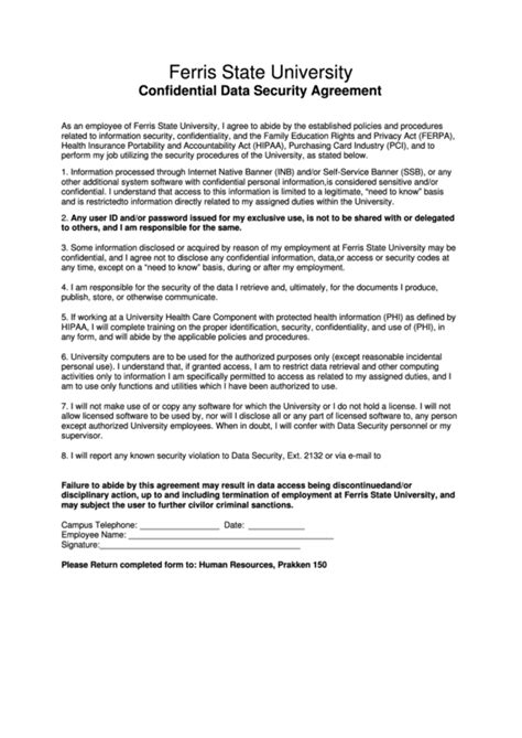 Fillable Confidential Data Security Agreement Form Ferris State