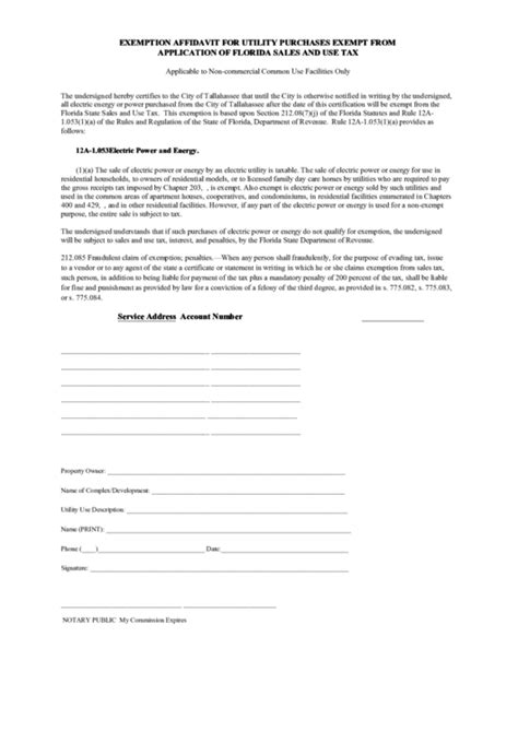 Fillable Exemption Affidavit For Utility Purchases Exempt From