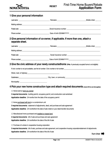 Fillable FirstTime Home Buyers Rebate Application Form printable pdf