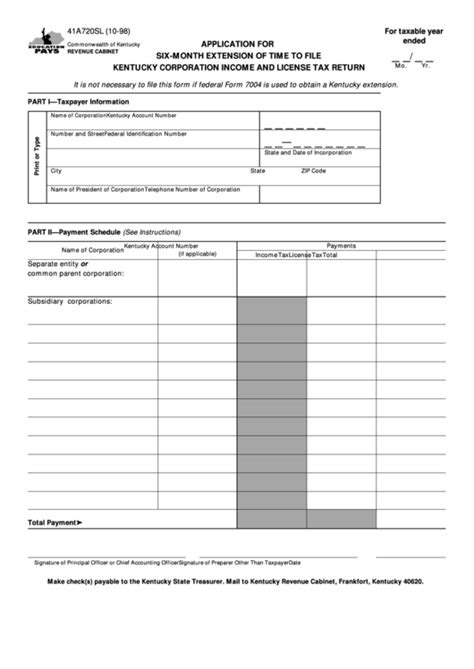 Fillable Form 41a720sl Application For SixMonth Extension Of Time To