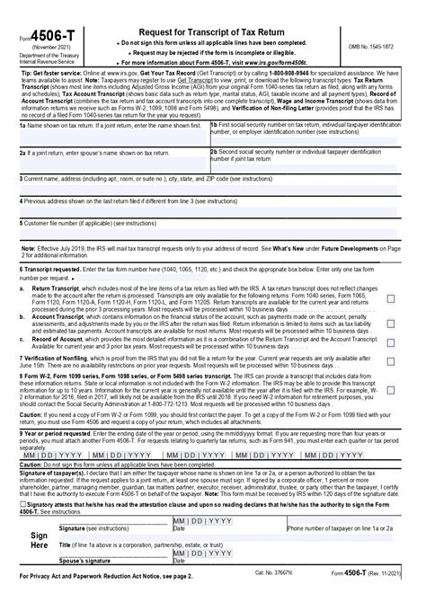 Fillable Form 4506T Request For Transcript Of Tax Return printable