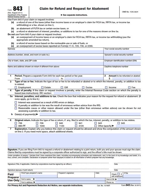 Fillable Form 843 Claim For Refund And Request For Abatement
