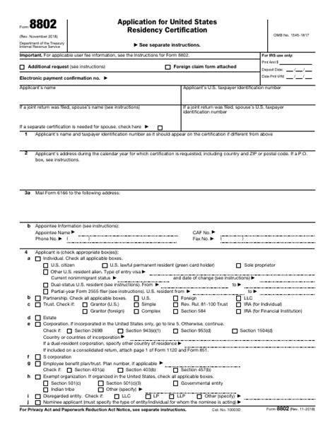 Fillable Form 8802 Application For United States Residency