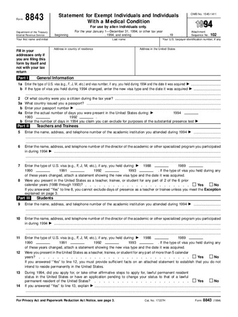 Fillable Form 8843 Statement For Exempt Individuals And Individuals