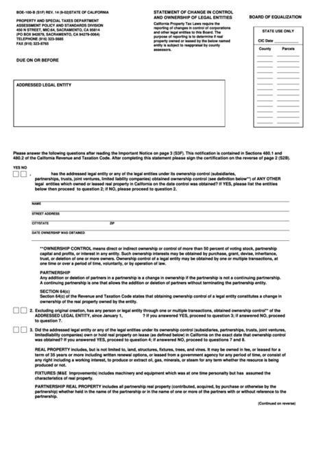 Fillable Form Boe100B(S1f) Statement Of Change In Control And