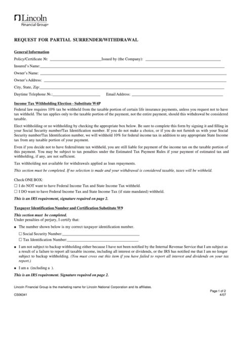 Fillable Form Cs06341 Request For Partial Surrender/withdrawal