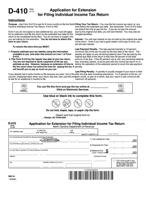 Fillable Form D410 Application For Extension For Filing Individual