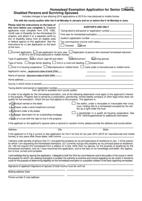 Fillable Form Dte 105a Homestead Exemption Application For Senior