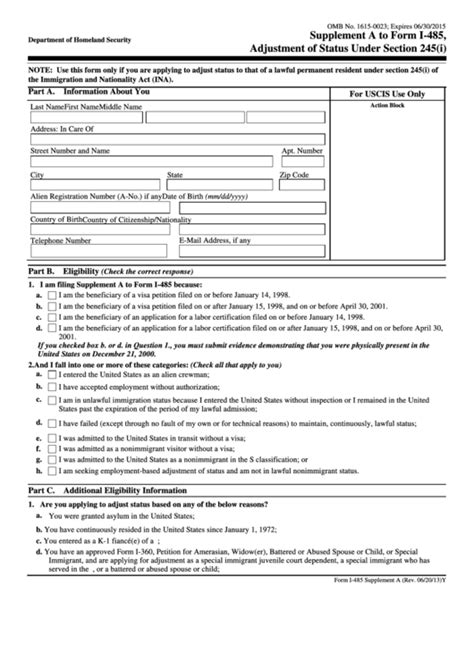 Fillable Form I485 Supplement A Adjustment Of Status Under Section