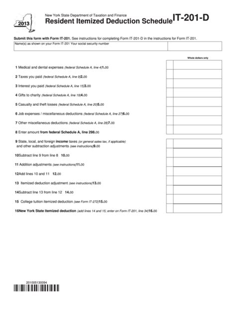 Fillable Form It201D Resident Itemized Deduction Schedule 2013