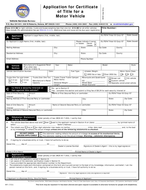 Fillable Form Mv1 Application For Certificate Of Title For A Motor