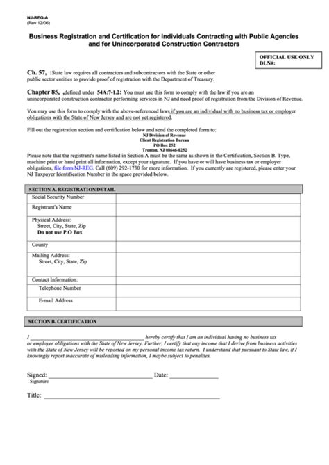 Fillable Form NjRegA Business Registration And Certification For