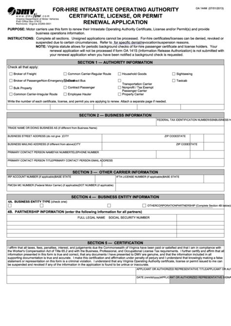Fillable Form Oa 144m ForHire Intrastate Operating Authority
