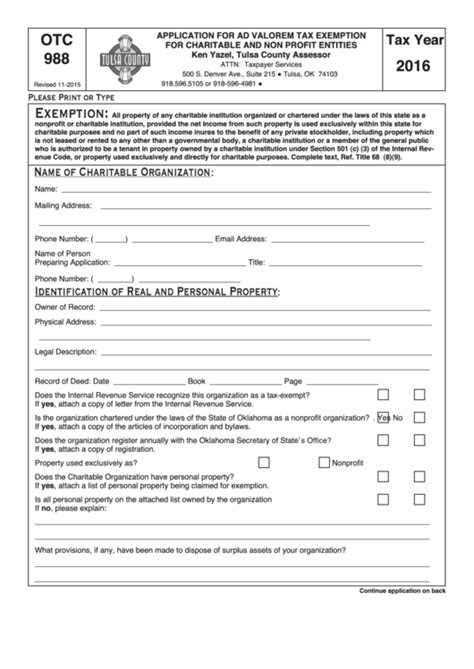 Fillable Form Otc 988S Application For Ad Valorem Tax Exemption For