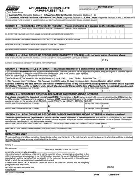 Fillable Form Reg 227 Application For Duplicate Or Paperless Title