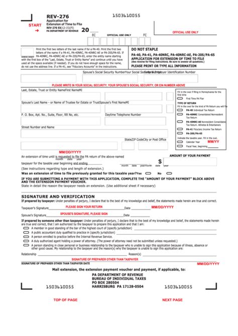 Fillable Form Rev276 Pennsylvania Application For Extension Of Time